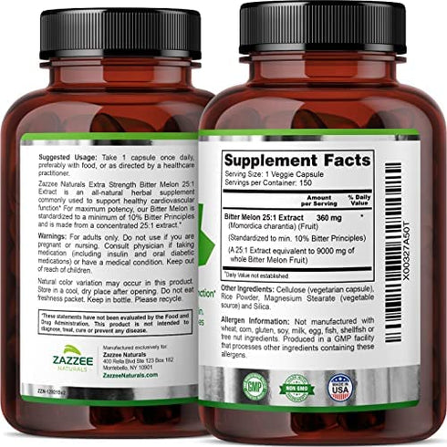 Zazzee Extra Strength Bitter Melon 25:1 Extract, 9000 mg Strength, 150 Vegan Capsules, 10% Bitter Principles, 5 Month Supply, Non-GMO and All-Natural